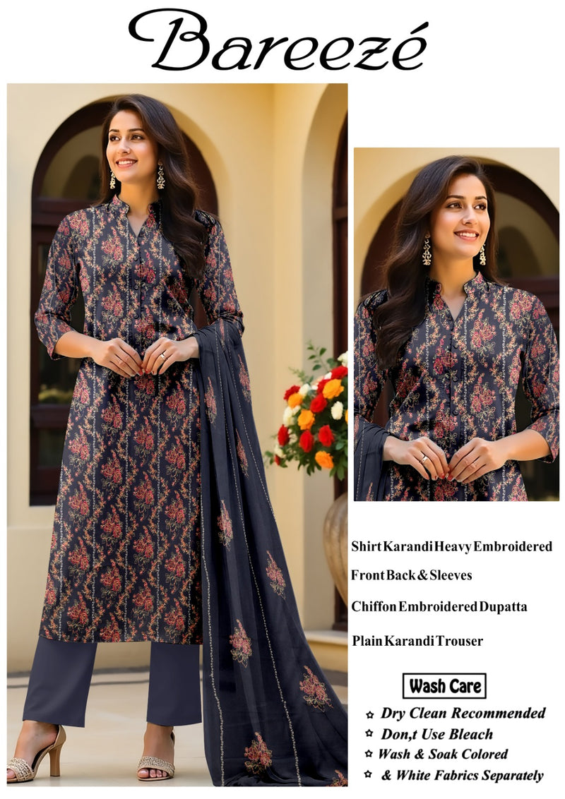 3Pc Bareeza Karandi Embroidered Unstitched Suit