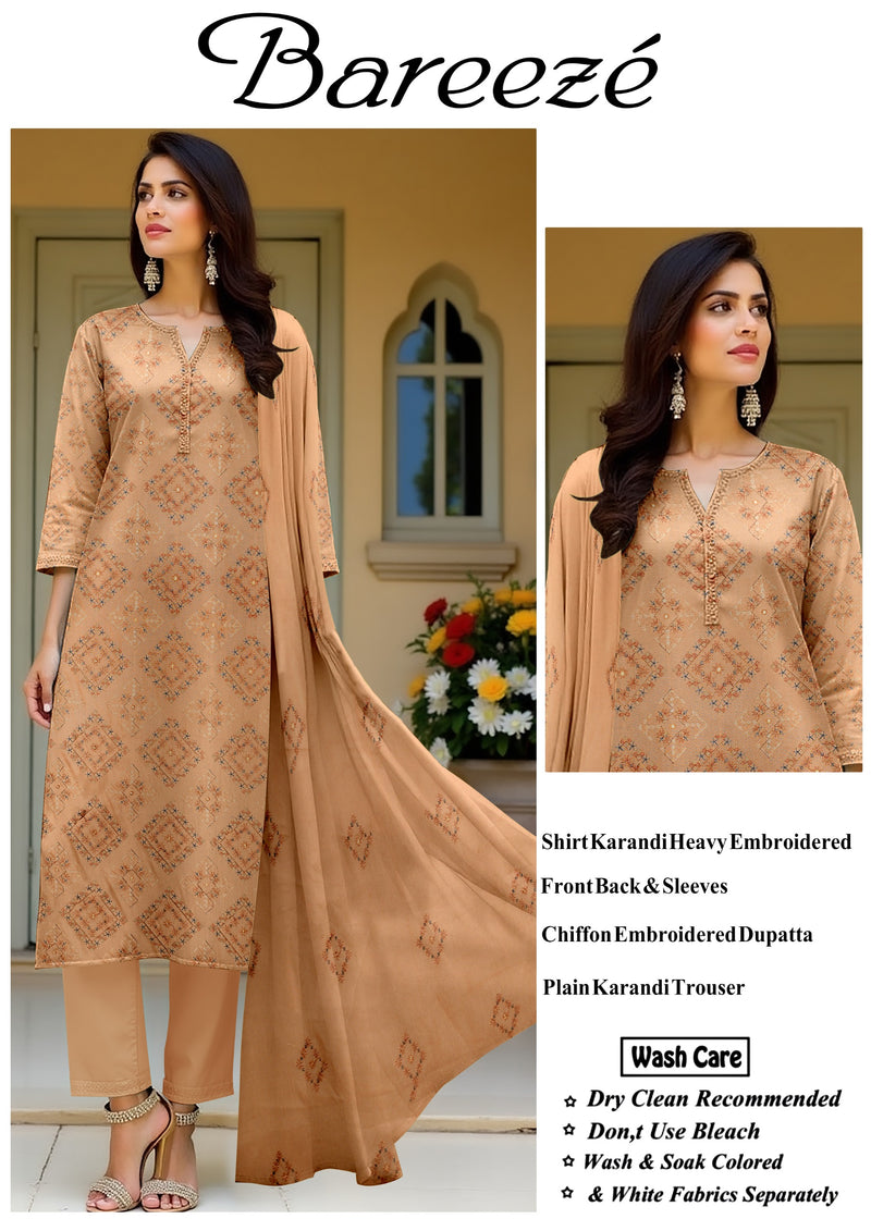 3Pc Bareeza Karandi Embroidered Unstitched Suit