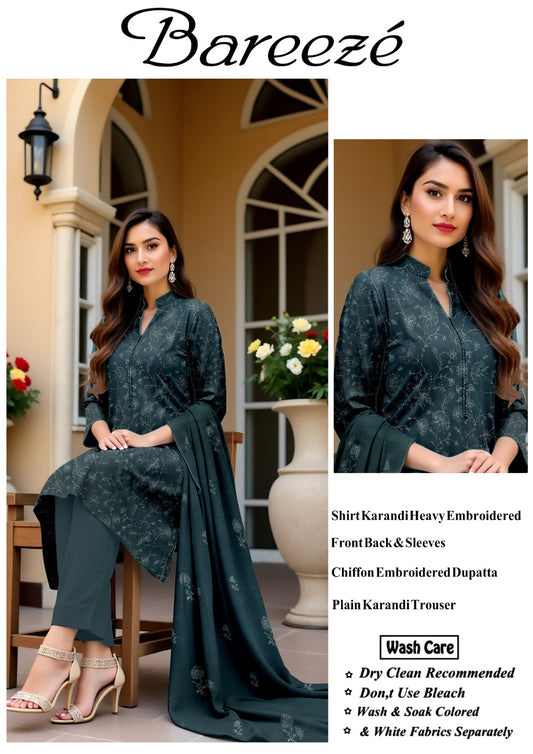 3Pc Bareeza Karandi Embroidered Unstitched Suit