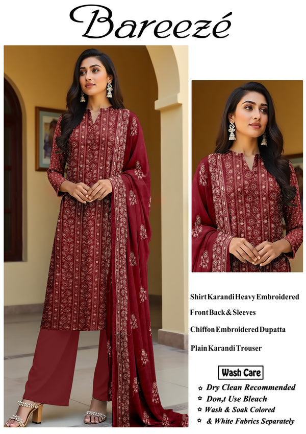 3Pc Bareeza Karandi Embroidered Unstitched Suit